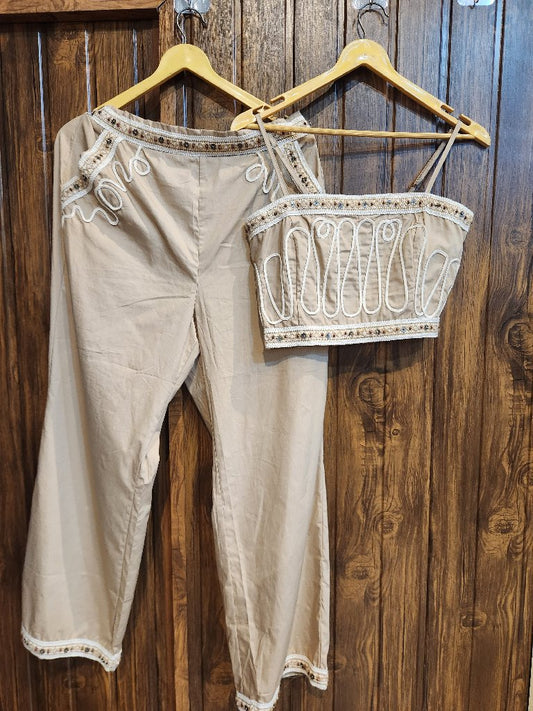 Embroidered Crop Top and Pants Set