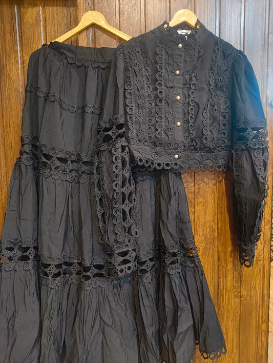 Black Lace Trimmed Dress Set