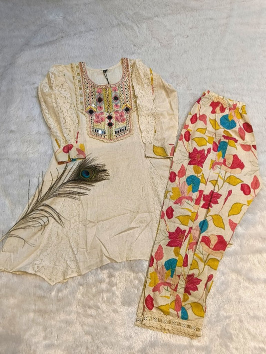 Embroidered Ethnic kurti with Floral Pants