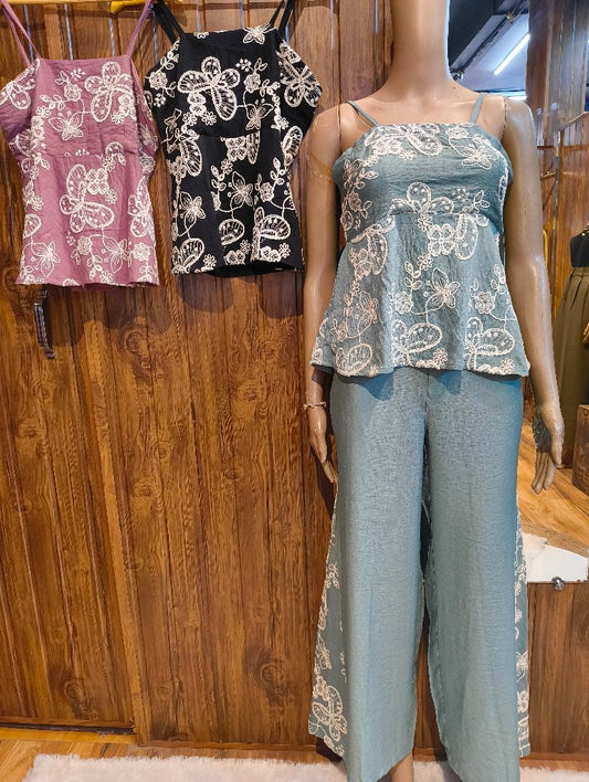 Embroidered Camisole Top and Wide-Leg Pants Set