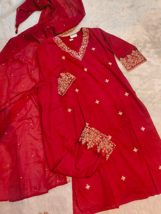 Embroidered Red Kurta with Dupatta