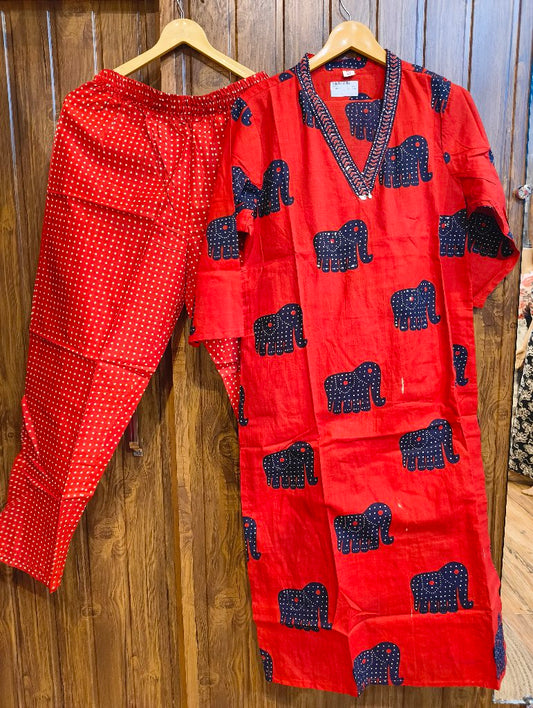 Red Elephant Print Kurta,Polka Dot Pants with dupatta