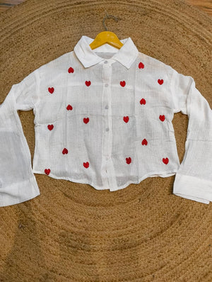 Embroidered Heart Button-Up Shirt